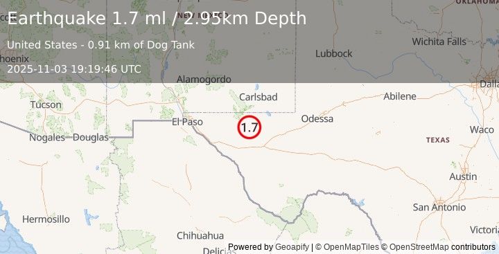 Earthquake 63 km SSW of Whites City, New Mexico (1.7 ml) (2025-11-03 19:19:46 UTC)