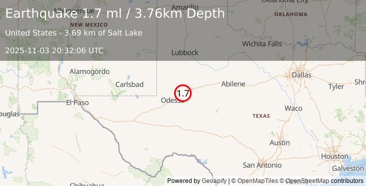 Earthquake 12 km WSW of Stanton, Texas (1.7 ml) (2025-11-03 20:32:06 UTC)
