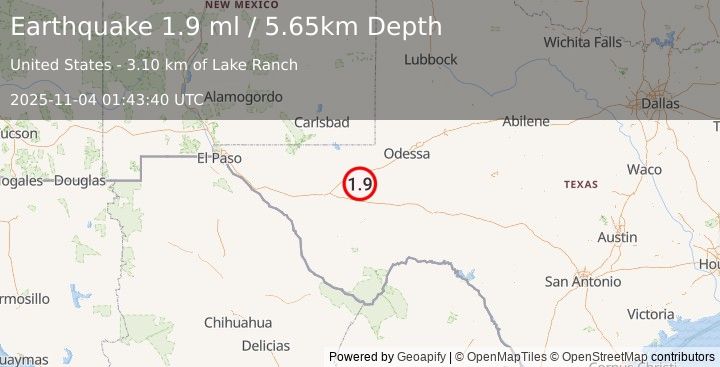 Earthquake 16 km SE of Lindsay, Texas (1.9 ml) (2025-11-04 01:43:40 UTC)