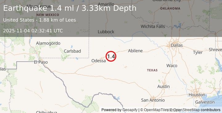 Earthquake 11 km W of Forsan, Texas (1.4 ml) (2025-11-04 02:32:41 UTC)