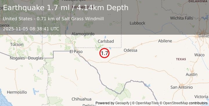 Earthquake 57 km S of Whites City, New Mexico (1.7 ml) (2025-11-05 08:38:41 UTC)