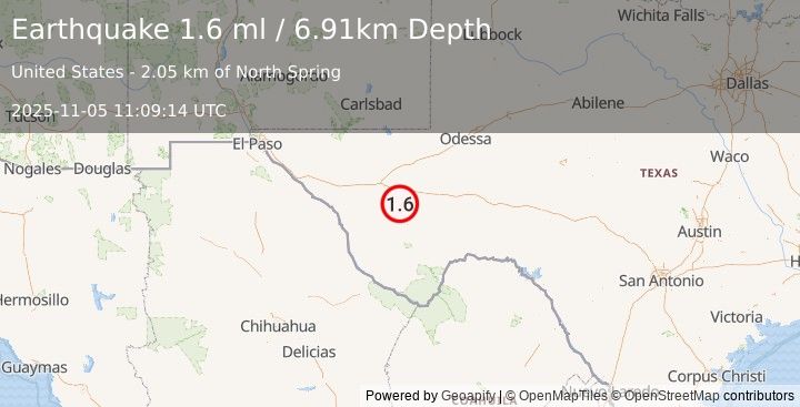 Earthquake 27 km SSE of Balmorhea, Texas (1.6 ml) (2025-11-05 11:09:14 UTC)