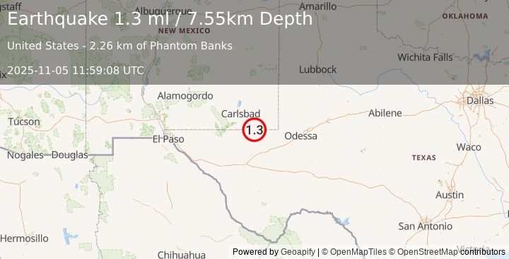 Earthquake 34 km SE of Malaga, New Mexico (1.3 ml) (2025-11-05 11:59:08 UTC)