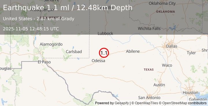 Earthquake 26 km NNW of Stanton, Texas (1.1 ml) (2025-11-05 12:48:15 UTC)