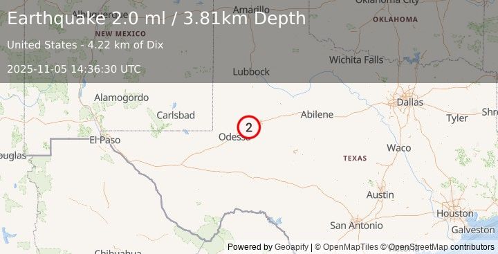 Earthquake 11 km WSW of Stanton, Texas (2.0 ml) (2025-11-05 14:36:30 UTC)