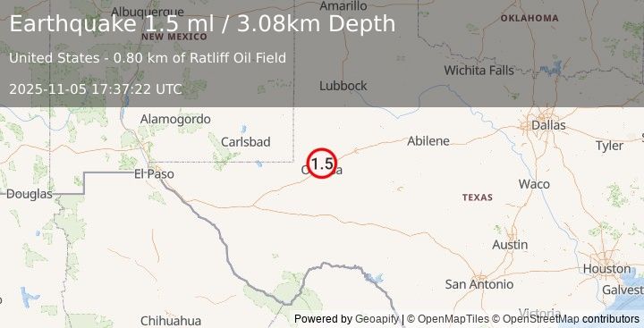 Earthquake 6 km SSE of Gardendale, Texas (1.5 ml) (2025-11-05 17:37:22 UTC)