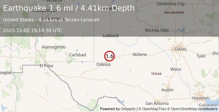 Earthquake 27 km NNW of Stanton, Texas (1.6 ml) (2025-11-05 19:14:38 UTC)