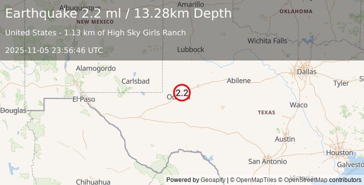Earthquake 13 km W of Midland, Texas (2.2 ml) (2025-11-05 23:56:46 UTC)