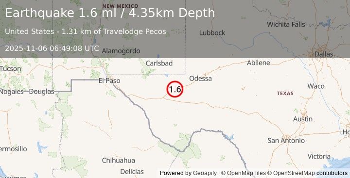 Earthquake 3 km W of Pecos, Texas (1.6 ml) (2025-11-06 06:49:09 UTC)