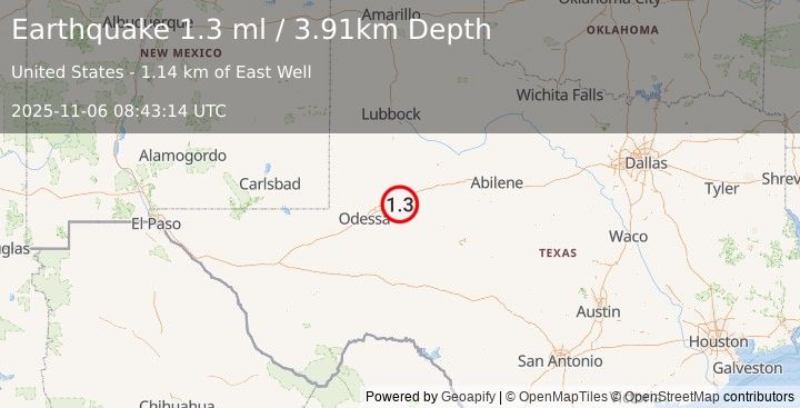 Earthquake 12 km ESE of Stanton, Texas (1.3 ml) (2025-11-06 08:43:14 UTC)
