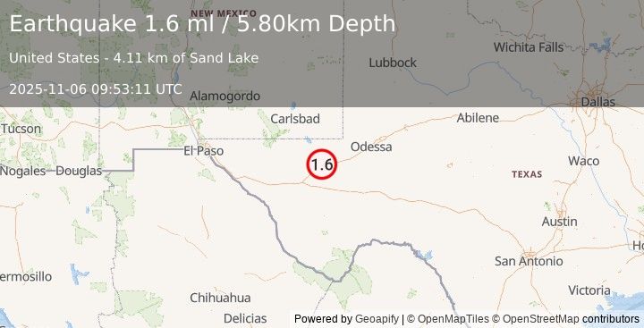 Earthquake 9 km NW of Pecos, Texas (1.6 ml) (2025-11-06 09:53:11 UTC)