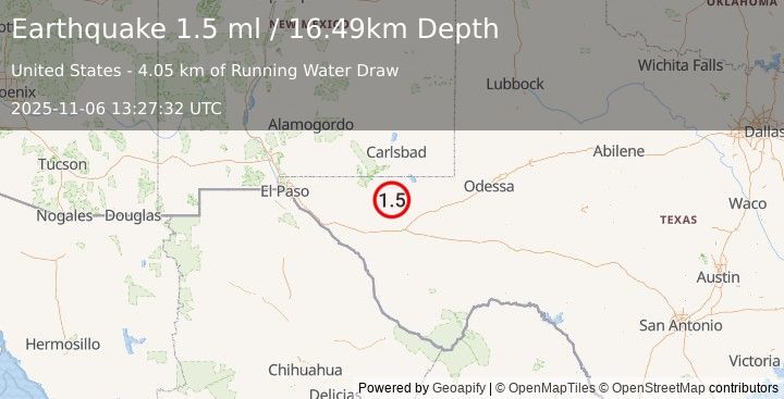 Earthquake 60 km WNW of Toyah, Texas (1.5 ml) (2025-11-06 13:27:32 UTC)