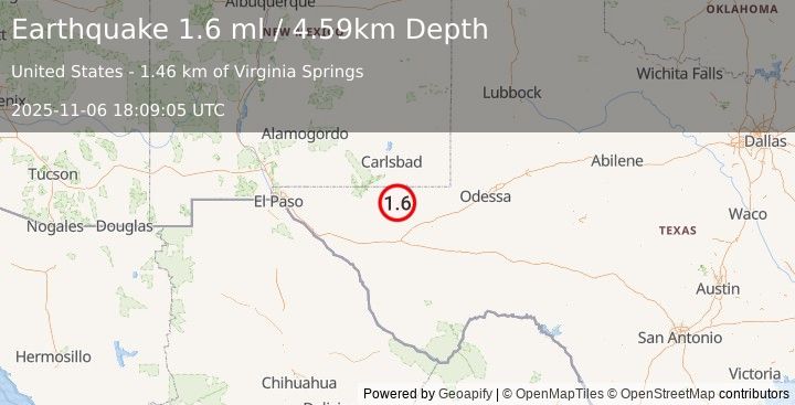 Earthquake 49 km W of Mentone, Texas (1.6 ml) (2025-11-06 18:09:05 UTC)