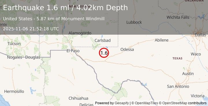 Earthquake 45 km NW of Toyah, Texas (1.6 ml) (2025-11-06 21:52:18 UTC)