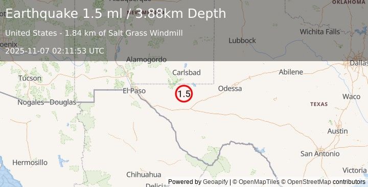 Earthquake 58 km S of Whites City, New Mexico (1.5 ml) (2025-11-07 02:11:53 UTC)