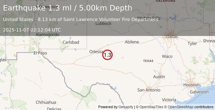 Earthquake 26 km SSW of Garden City, Texas (1.3 ml) (2025-11-07 02:12:04 UTC)