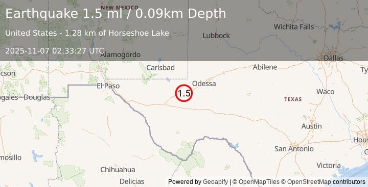 Earthquake 11 km SW of Pyote, Texas (1.5 ml) (2025-11-07 02:33:27 UTC)