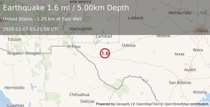Earthquake 33 km W of Toyah, Texas (1.6 ml) (2025-11-07 03:21:58 UTC)