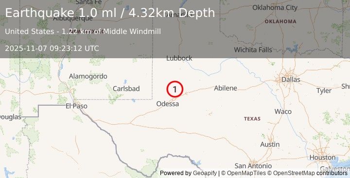 Earthquake 32 km WSW of Ackerly, Texas (1.0 ml) (2025-11-07 09:23:12 UTC)