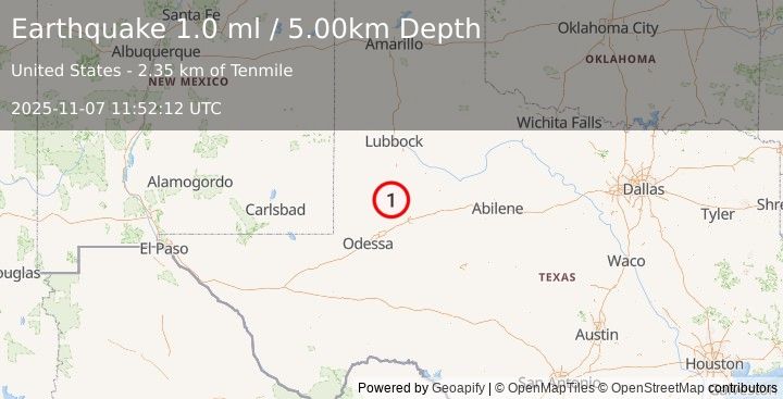 Earthquake 14 km S of Los Ybanez, Texas (1.0 ml) (2025-11-07 11:52:12 UTC)