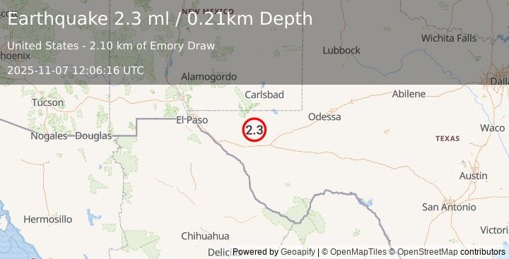 Earthquake 57 km NNE of Van Horn, Texas (2.3 ml) (2025-11-07 12:06:16 UTC)