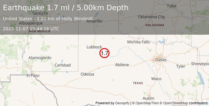 Earthquake 28 km E of Post, Texas (1.7 ml) (2025-11-07 15:44:16 UTC)