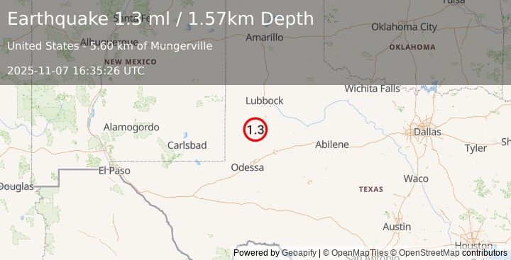 Earthquake 12 km S of Welch, Texas (1.3 ml) (2025-11-07 16:35:26 UTC)
