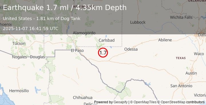 Earthquake 62 km SSW of Whites City, New Mexico (1.7 ml) (2025-11-07 16:41:59 UTC)