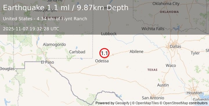 Earthquake 34 km E of McKinney Acres, Texas (1.1 ml) (2025-11-07 19:32:28 UTC)