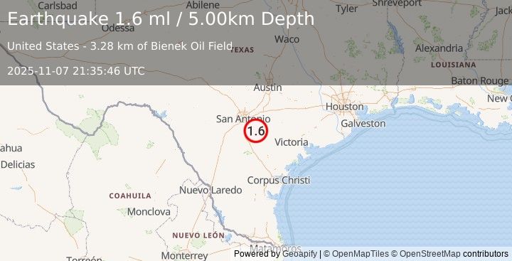 Earthquake 4 km NNW of Poth, Texas (1.6 ml) (2025-11-07 21:35:46 UTC)