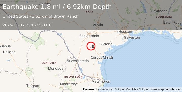 Earthquake 22 km SE of Christine, Texas (1.8 ml) (2025-11-07 23:02:26 UTC)
