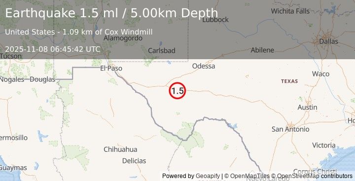 Earthquake 10 km SSE of Barstow, Texas (1.1 ml) (2025-11-08 06:45:46 UTC)