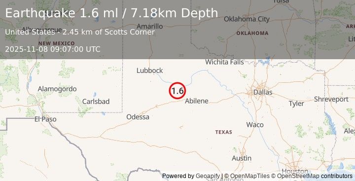 Earthquake 12 km W of Rotan, Texas (1.6 ml) (2025-11-08 09:07:00 UTC)