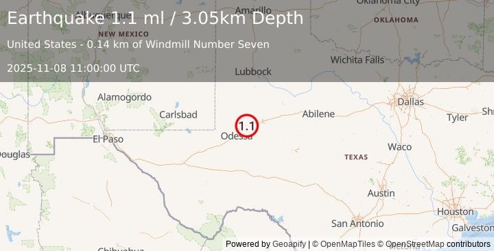 Earthquake 15 km NNE of Midland, Texas (1.1 ml) (2025-11-08 10:59:59 UTC)
