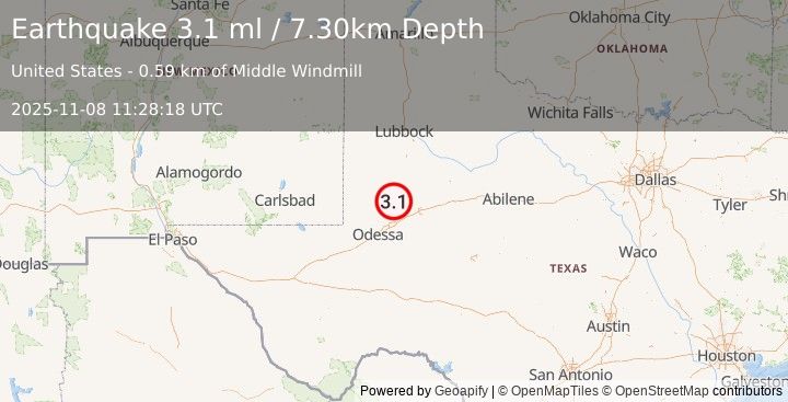 Earthquake 33 km WSW of Ackerly, Texas (3.1 ml) (2025-11-08 11:28:18 UTC)