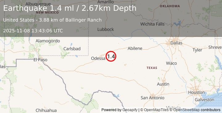 Earthquake 9 km NNE of Garden City, Texas (1.4 ml) (2025-11-08 13:43:06 UTC)