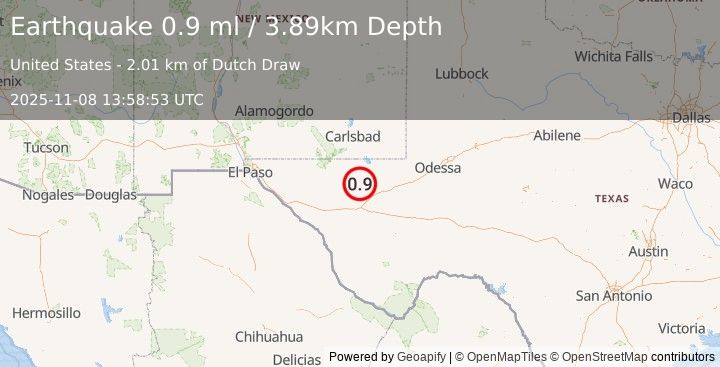 Earthquake 37 km NW of Toyah, Texas (0.9 ml) (2025-11-08 13:58:53 UTC)