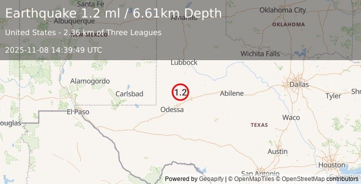 Earthquake 26 km SSW of Los Ybanez, Texas (1.2 ml) (2025-11-08 14:39:49 UTC)