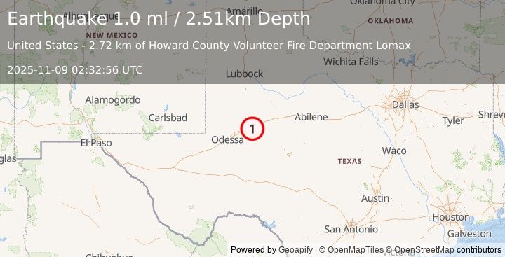 Earthquake 16 km SW of Big Spring, Texas (1.0 ml) (2025-11-09 02:32:56 UTC)
