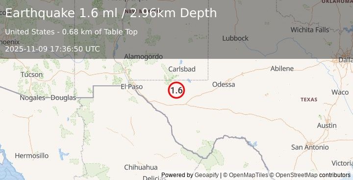 Earthquake 61 km S of Whites City, New Mexico (1.6 ml) (2025-11-09 17:36:50 UTC)