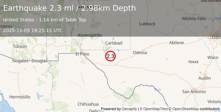 Earthquake 61 km S of Whites City, New Mexico (2.3 ml) (2025-11-09 19:25:15 UTC)