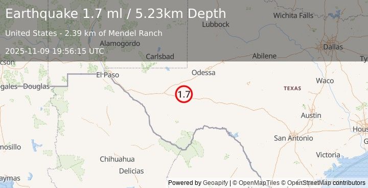 Earthquake 24 km SSW of Coyanosa, Texas (1.7 ml) (2025-11-09 19:56:15 UTC)