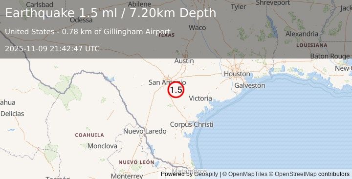 Earthquake 4 km E of Floresville, Texas (1.5 ml) (2025-11-09 21:42:47 UTC)