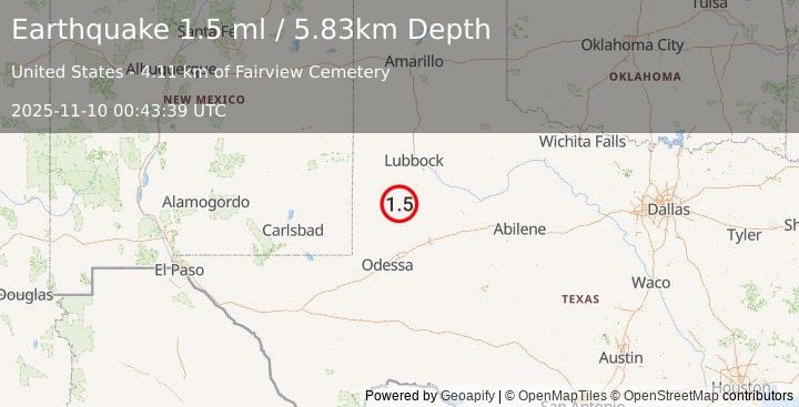 Earthquake 6 km S of Welch, Texas (1.5 ml) (2025-11-10 00:43:39 UTC)