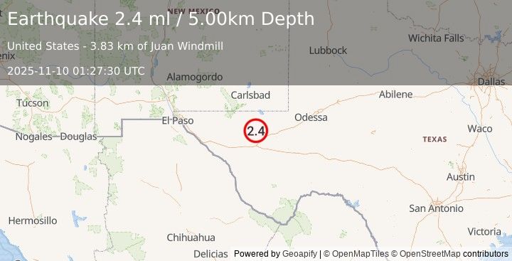 Earthquake 62 km S of Whites City, New Mexico (2.8 ml) (2025-11-10 01:27:23 UTC)