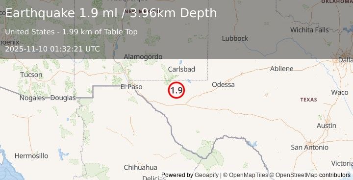 Earthquake 61 km S of Whites City, New Mexico (1.9 ml) (2025-11-10 01:32:21 UTC)