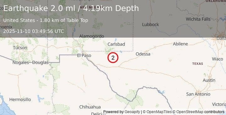 Earthquake 61 km S of Whites City, New Mexico (2.0 ml) (2025-11-10 03:49:56 UTC)