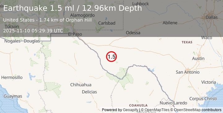 Earthquake 14 km NE of Marfa, Texas (1.5 ml) (2025-11-10 05:29:39 UTC)