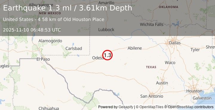 Earthquake 13 km SSE of Stanton, Texas (1.3 ml) (2025-11-10 06:48:53 UTC)