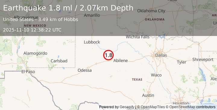 Earthquake 17 km WSW of Rotan, Texas (1.8 ml) (2025-11-10 12:38:22 UTC)